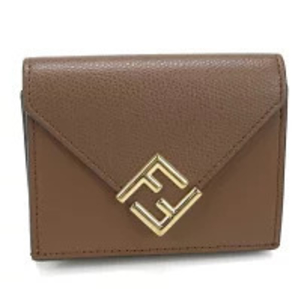 Fendi Tri fold Wallet Compact FF Diamond Leather Brown